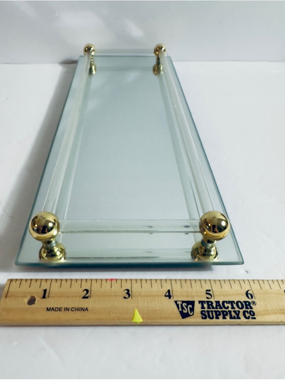 Vintage vanity dresser tray, mirrored base,‎ plastic tube railing brass accents. - Picture 4 of 6